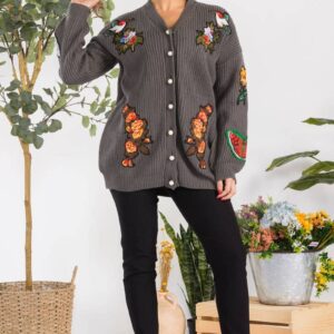 Charcoal button-down patch knit cardigan
