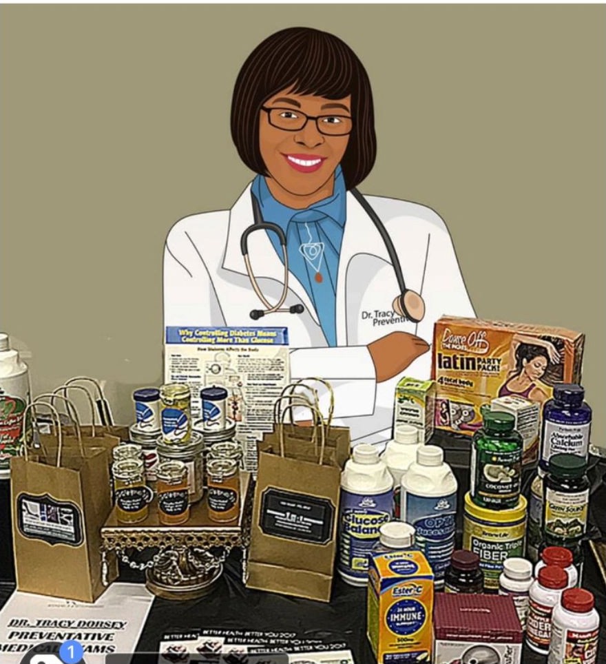 Illustration of Dr. Tracy Brown Dorsey with Preventive Medical wellness products